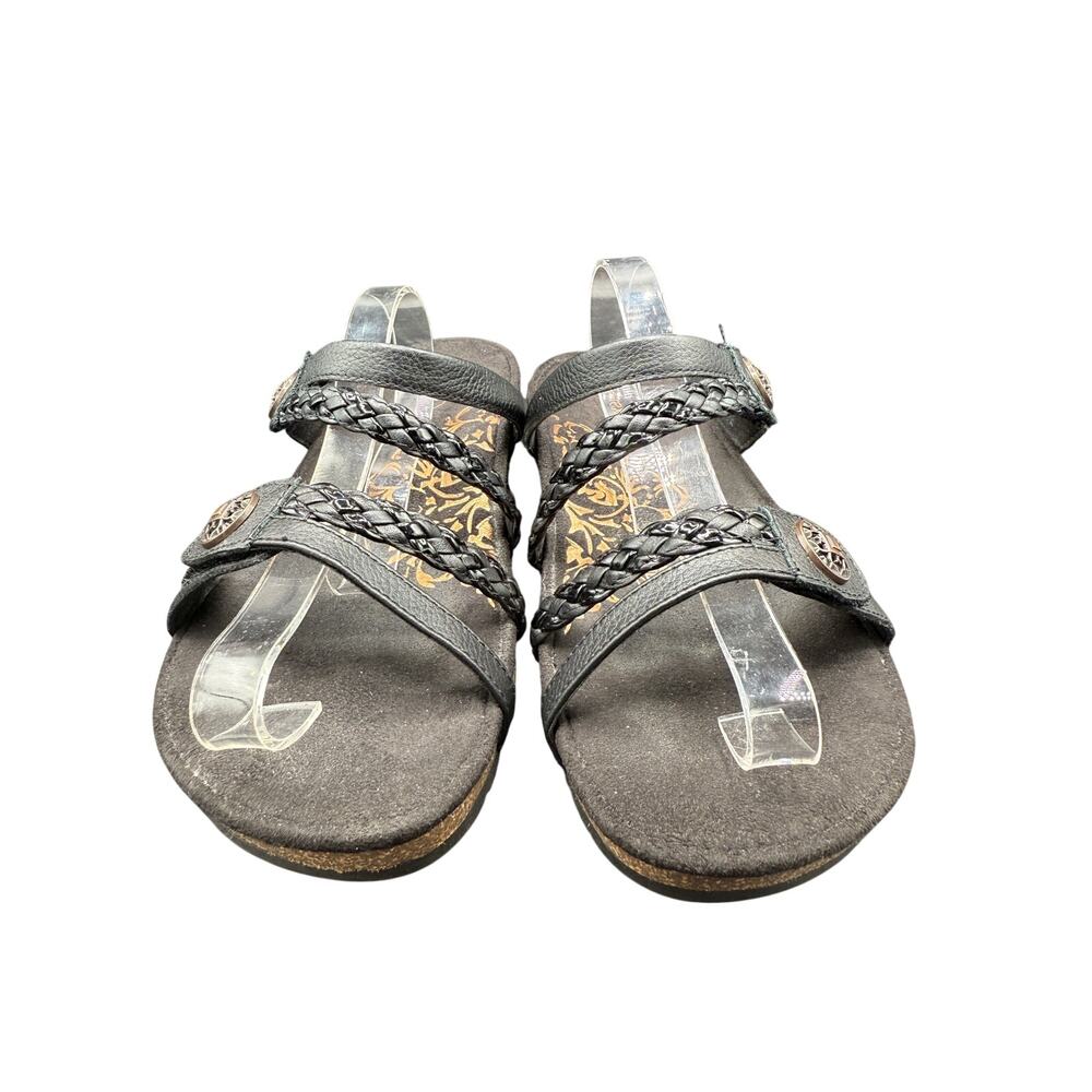👡 Aetrex Black Leather Braided Sandals Comfort Arch Support Women size 9.5 - Picture 2 of 5